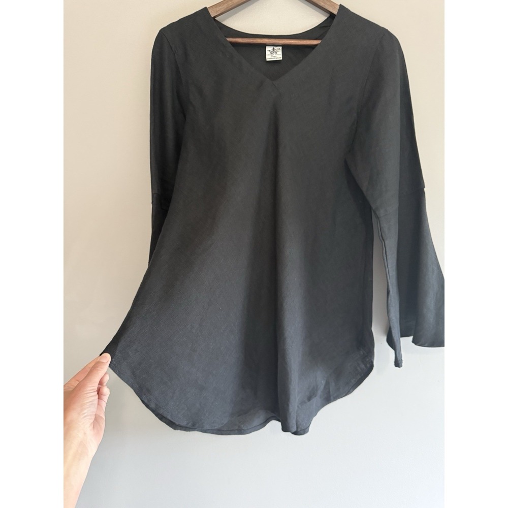 Crown Linen Designs Linen Top Bell Sleeve Black Tunic V Neck Beach Lagenlook M - Picture 6 of 15